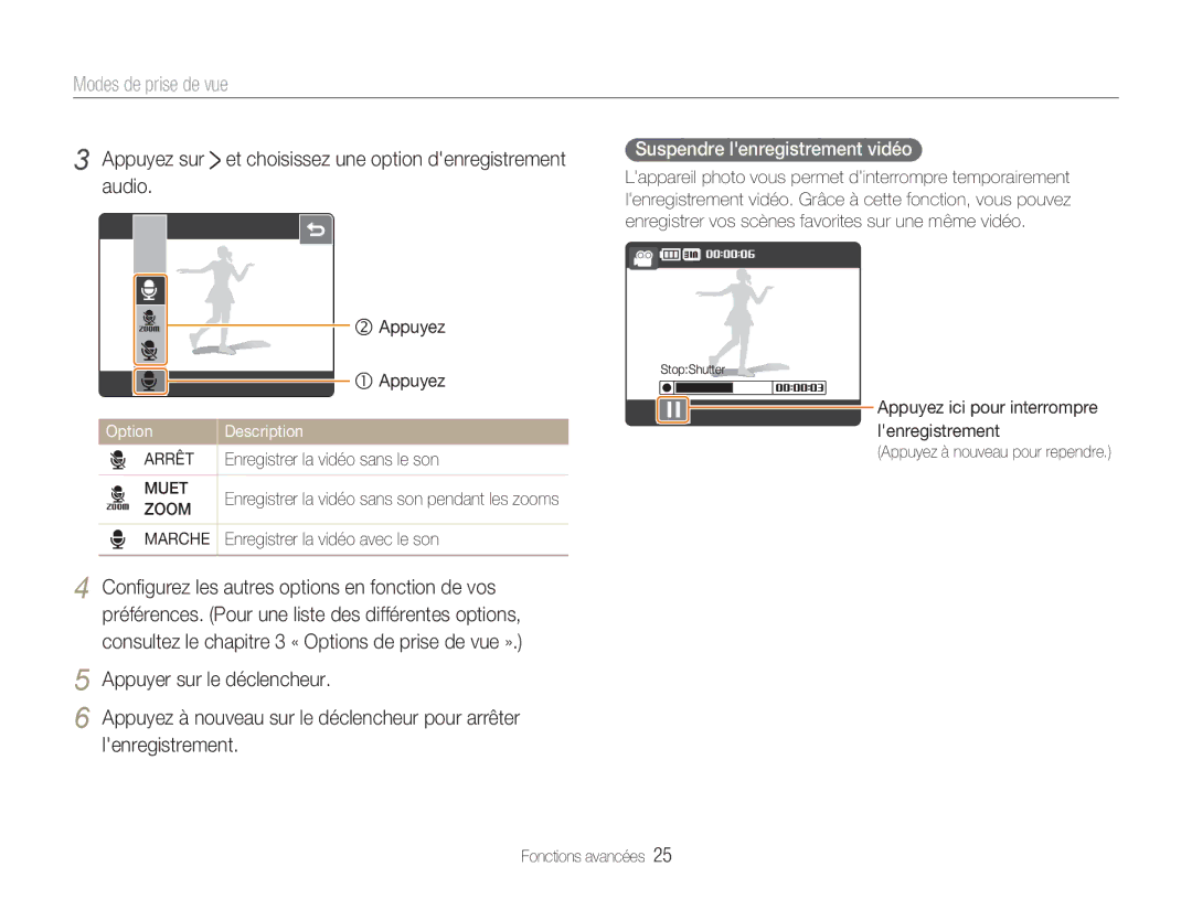 Samsung EC-NV100SBA/FR Appuyez sur et choisissez une option denregistrement audio, Suspendre lenregistrement vidéo, Arrêt 