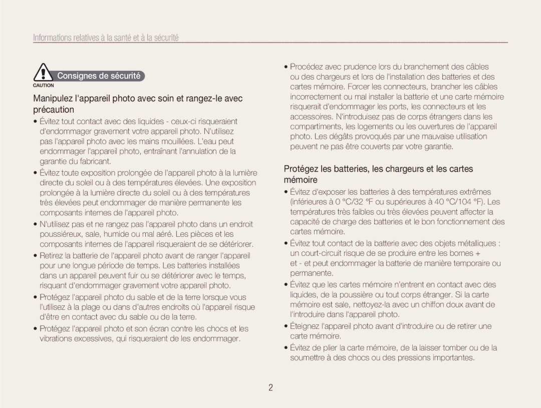 Samsung EC-NV100RBA/FR, EC-NV100TBA/FR manual Informations relatives à la santé et à la sécurité, Consignes de sécurité 