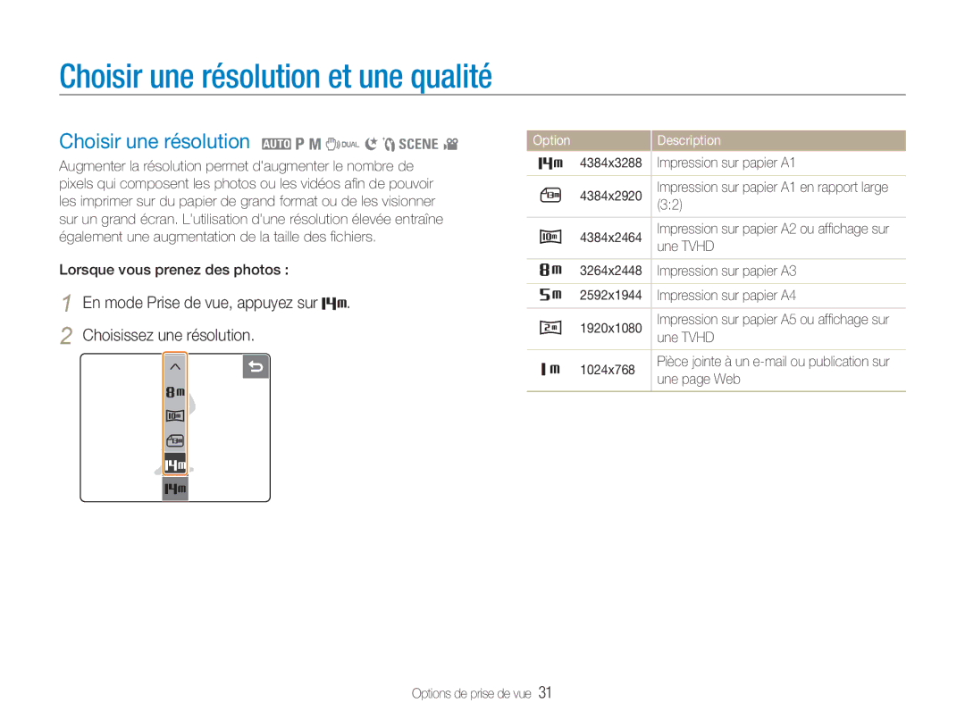 Samsung EC-NV100SFB/FR, EC-NV100TBA/FR manual Choisir une résolution et une qualité, Choisir une résolution 2 1 8 7 6 5 4 3 