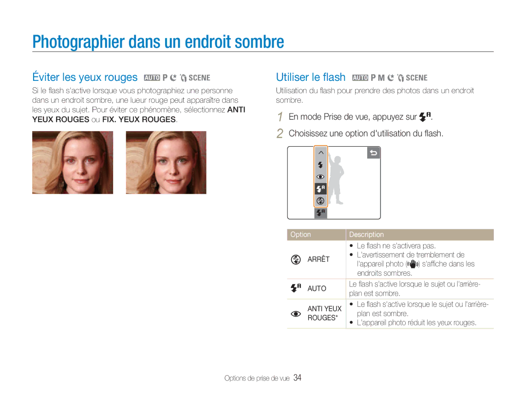 Samsung EC-NV100TBA/FR Photographier dans un endroit sombre, Éviter les yeux rouges 2 1 6 5, Utiliser le ﬂash 2 1 8 6 5 