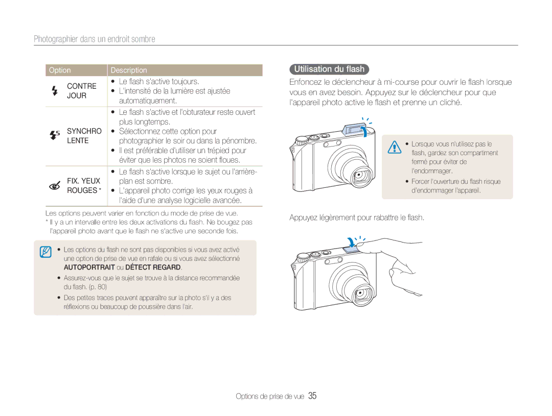 Samsung EC-NV100SBA/FR, EC-NV100TBA/FR, EC-NV100SFB/FR manual Photographier dans un endroit sombre, Utilisation du ﬂash 