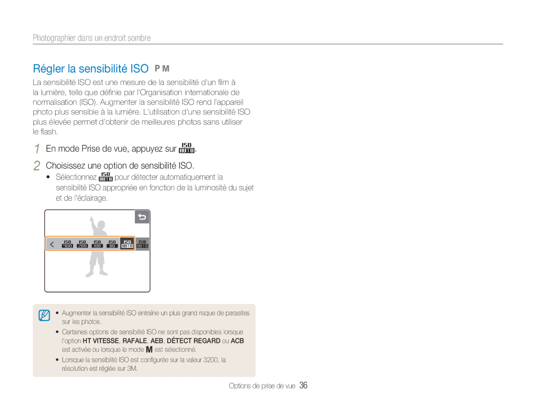 Samsung EC-NV100SFB/FR, EC-NV100TBA/FR, EC-NV100SBA/FR, EC-NV100RBA/FR manual Régler la sensibilité ISO 1, Et de léclairage 