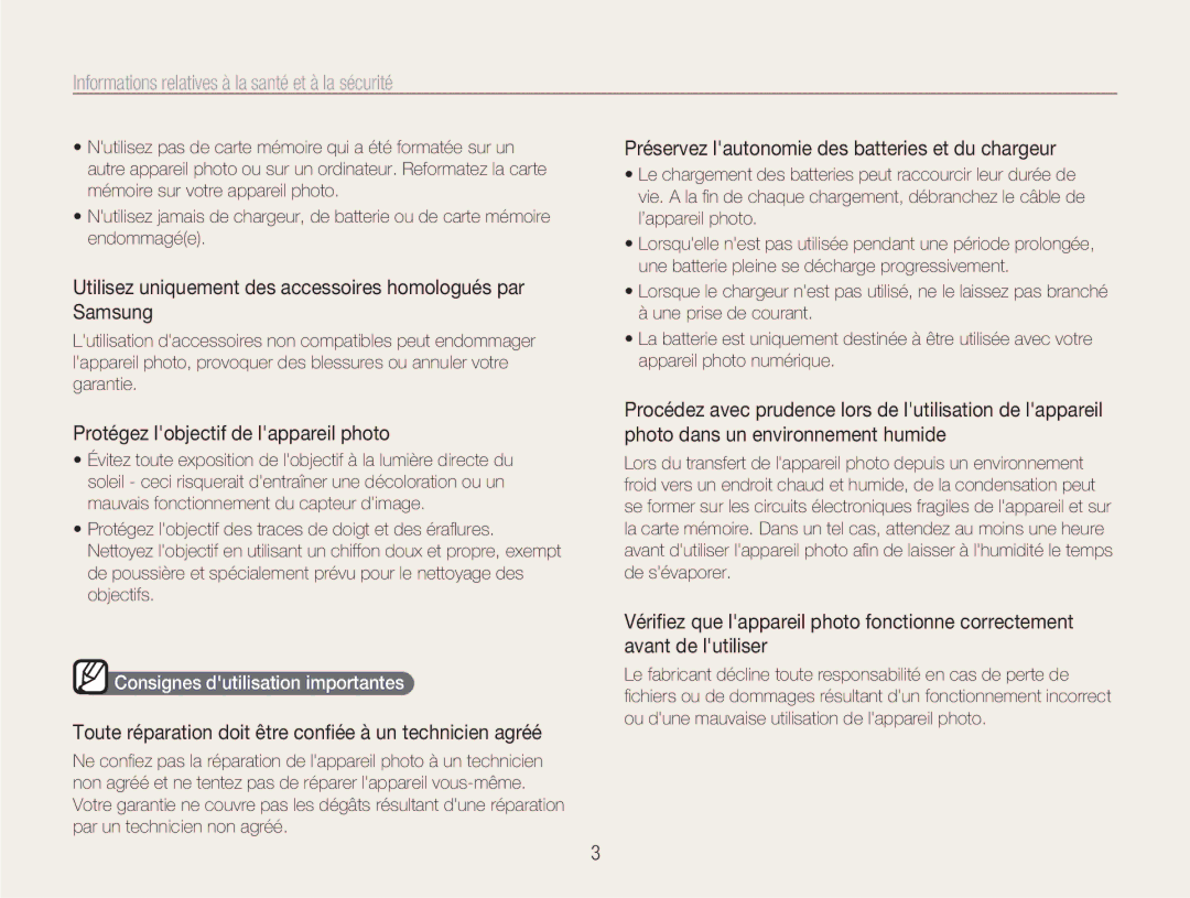 Samsung EC-NV100BBA/FR Utilisez uniquement des accessoires homologués par Samsung, Protégez lobjectif de lappareil photo 