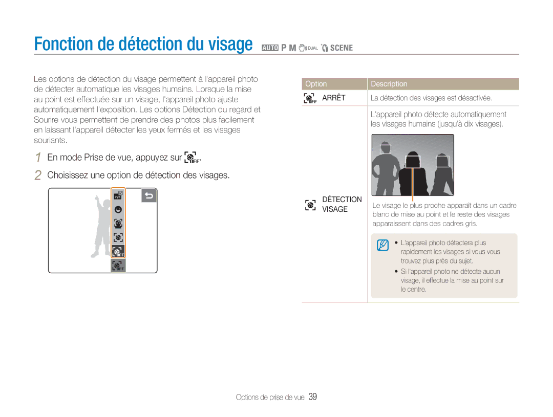 Samsung EC-NV100TBA/FR, EC-NV100SBA/FR, EC-NV100SFB/FR manual Fonction de détection du visage 2 1 8 7 5, Détection, Visage 
