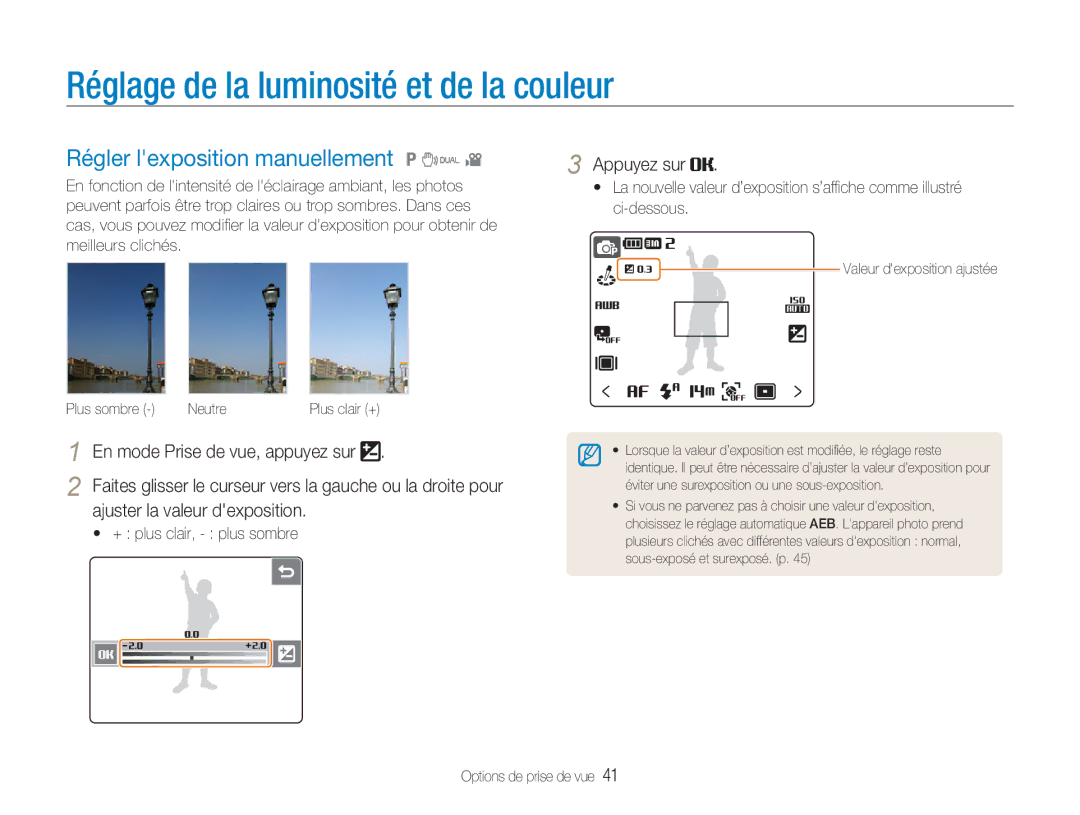 Samsung EC-NV100SFB/FR, EC-NV100TBA/FR manual Réglage de la luminosité et de la couleur, Régler lexposition manuellement 1 7 