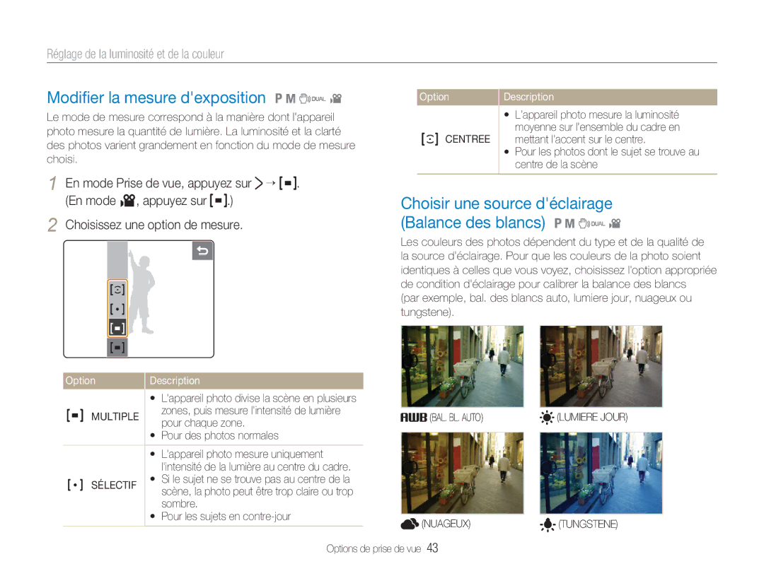 Samsung EC-NV100BBA/FR manual Modiﬁer la mesure dexposition 1 8 7, Choisir une source déclairage Balance des blancs 1 8 7 