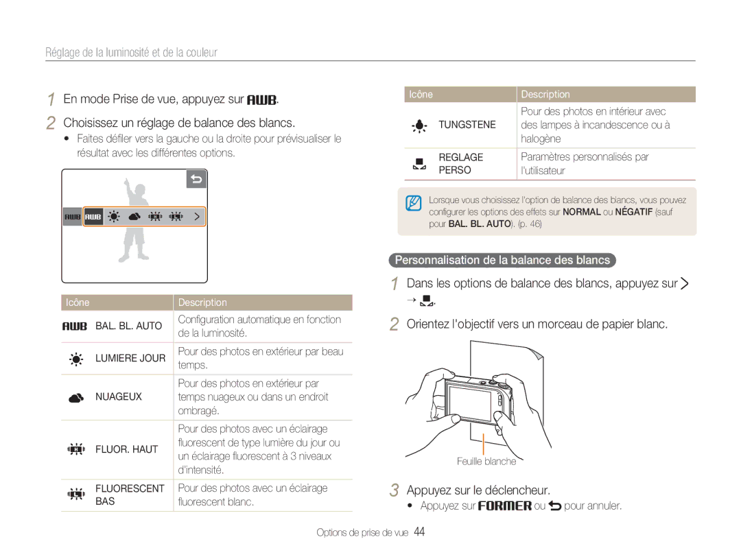 Samsung EC-NV100TBA/FR, EC-NV100SBA/FR, EC-NV100SFB/FR, EC-NV100RBA/FR manual Personnalisation de la balance des blancs 