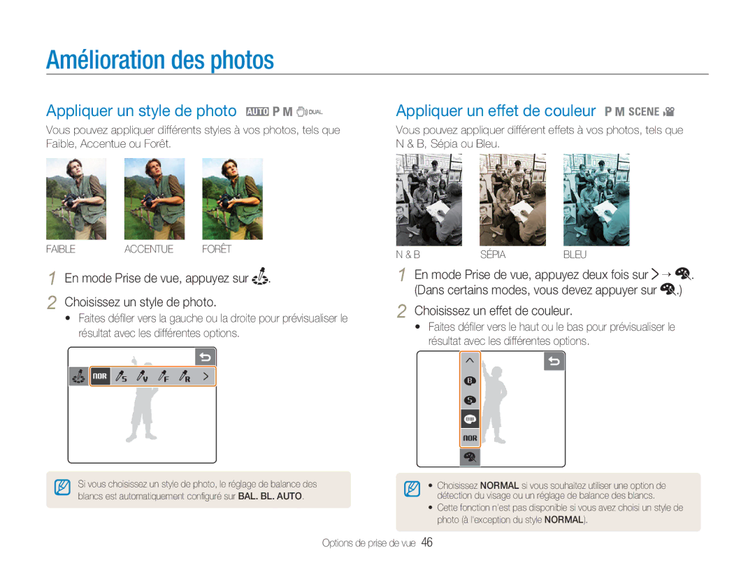 Samsung EC-NV100SFB/FR Amélioration des photos, Appliquer un style de photo 2 1 8, Appliquer un effet de couleur 1 8 4 