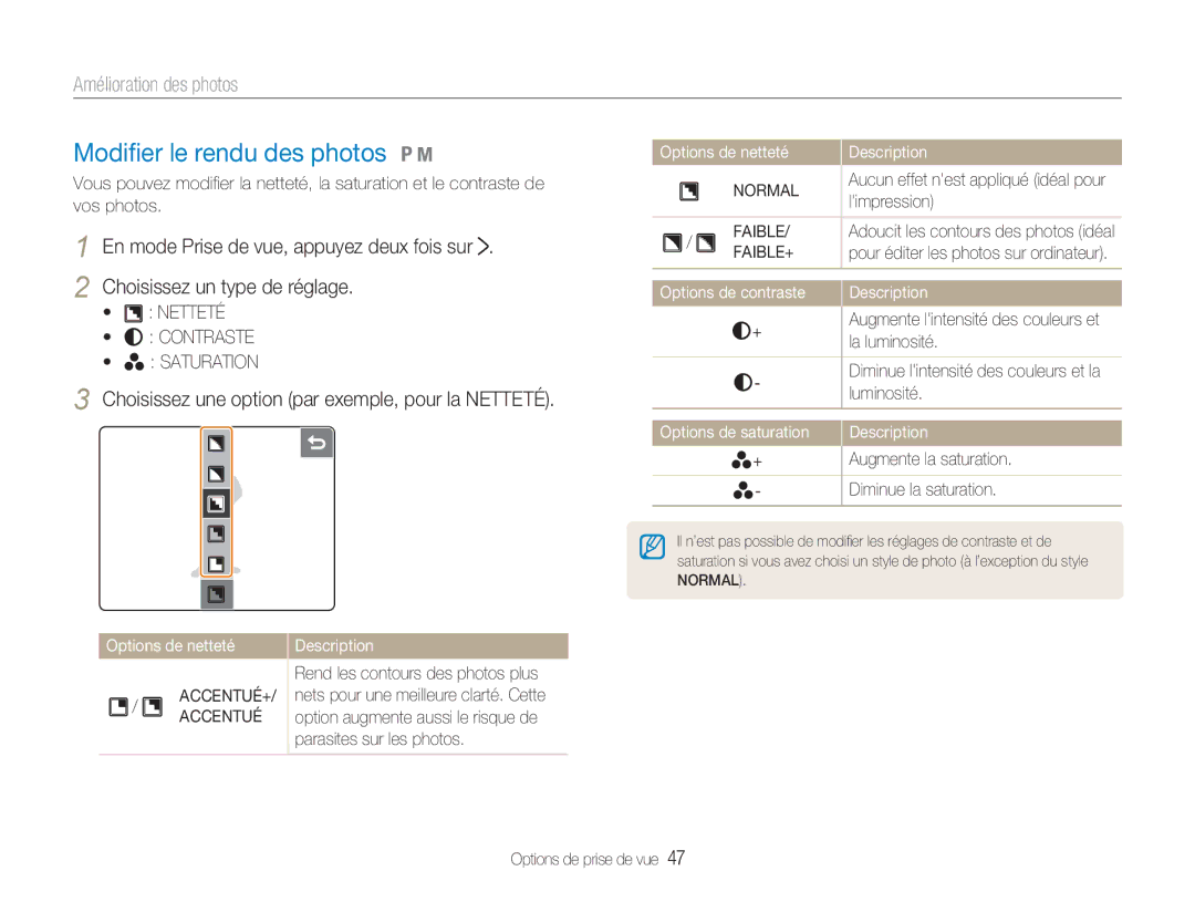 Samsung EC-NV100RBA/FR manual Modiﬁer le rendu des photos 1, Amélioration des photos, Choisissez un type de réglage 