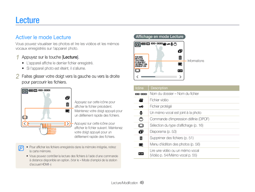 Samsung EC-NV100TBA/FR manual Activer le mode Lecture, Appuyez sur la touche Lecture, Afﬁchage en mode Lecture, Icône 