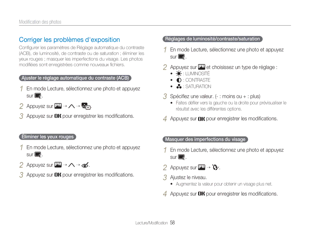 Samsung EC-NV100BBA/FR manual Corriger les problèmes dexposition, En mode Lecture, sélectionnez une photo et appuyez Sur 