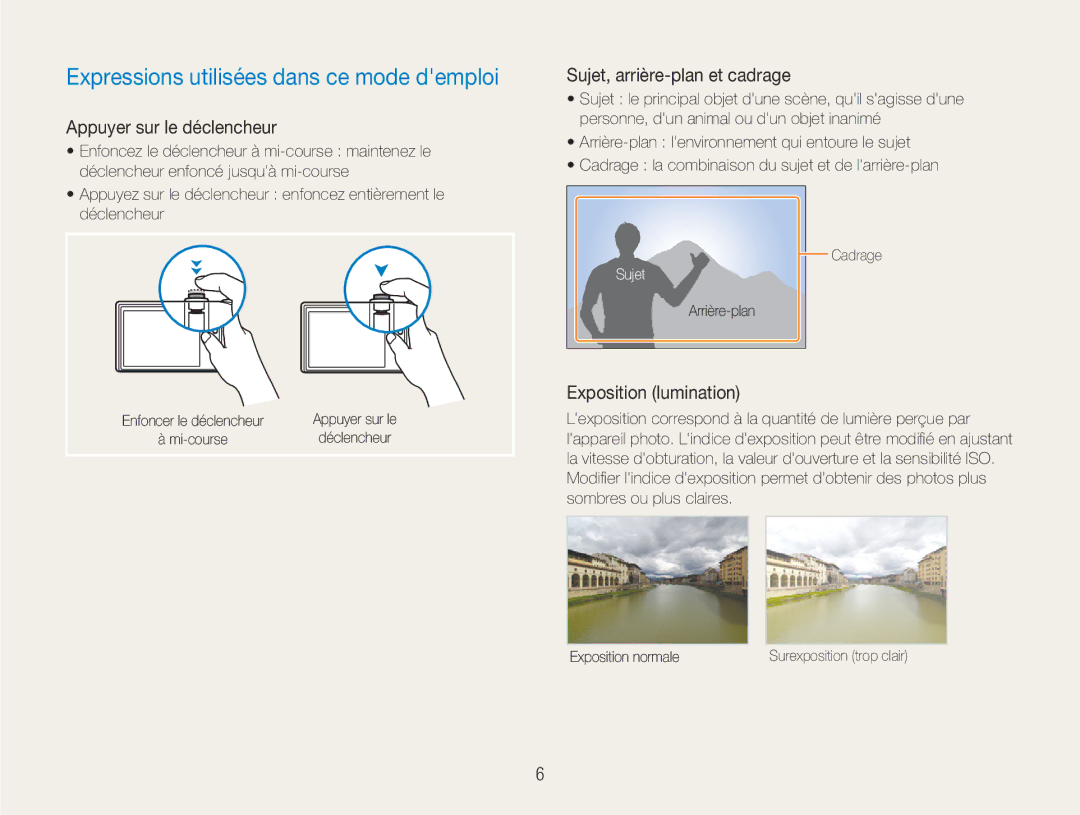 Samsung EC-NV100SFB/FR manual Expressions utilisées dans ce mode demploi, Appuyer sur le déclencheur, Exposition lumination 