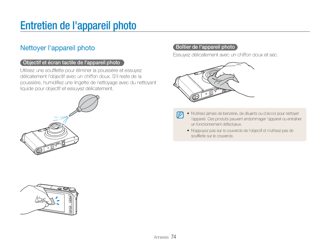 Samsung EC-NV100TBA/FR, EC-NV100SBA/FR Entretien de lappareil photo, Nettoyer lappareil photo, Boîtier de lappareil photo 