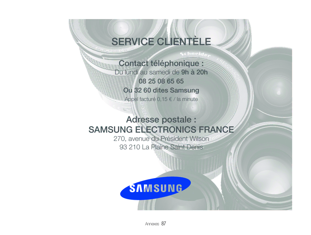 Samsung EC-NV100RBA/FR, EC-NV100TBA/FR, EC-NV100SBA/FR, EC-NV100SFB/FR, EC-NV100BBA/FR manual Service Clientèle 