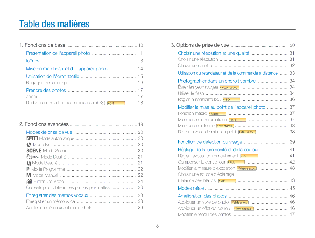 Samsung EC-NV100BBA/FR, EC-NV100TBA/FR, EC-NV100SBA/FR, EC-NV100SFB/FR, EC-NV100RBA/FR manual Table des matières 