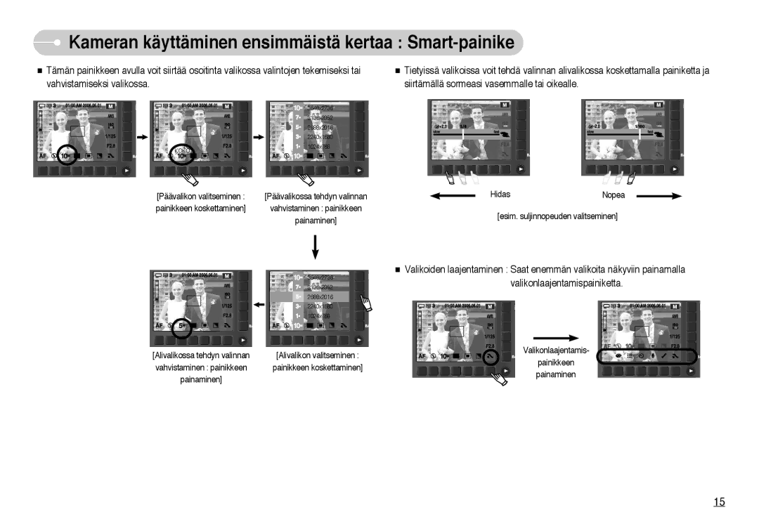 Samsung EC-NV10ZBBB/E2, EC-NV10ZBBL/E1, EC-NV10ZBBC/E2, EC-NV10ZBBD/E2 Kameran käyttäminen ensimmäistä kertaa Smart-painike 