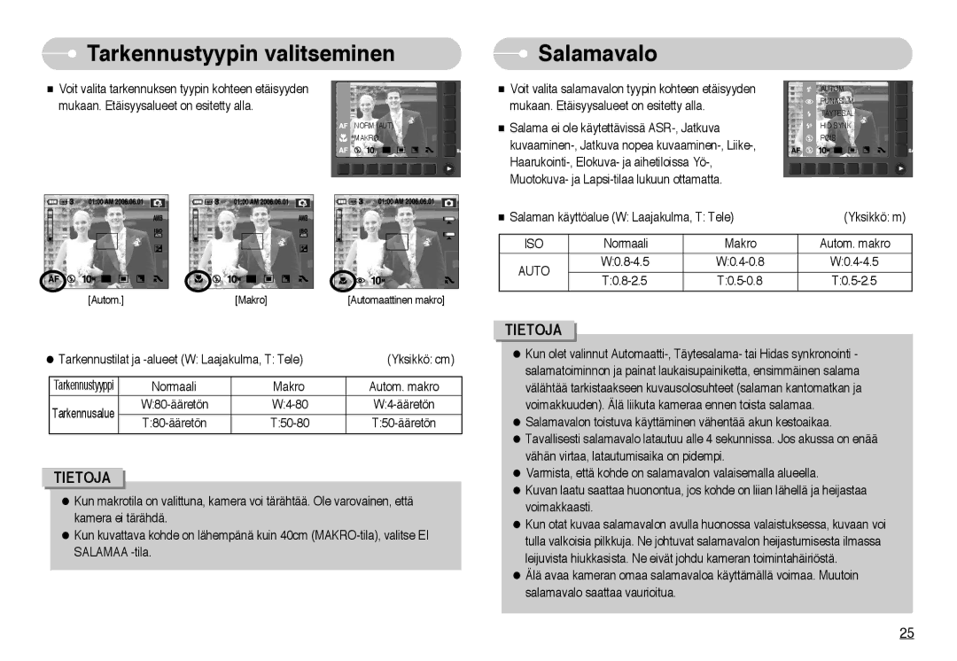 Samsung EC-NV10ZBBA/FI, EC-NV10ZBBL/E1, EC-NV10ZBBC/E2, EC-NV10ZBBB/E2 manual Tarkennustyypin valitseminen, Salamavalo, Auto 