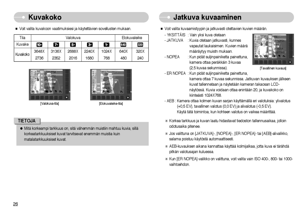 Samsung EC-NV10ZBBG/E2, EC-NV10ZBBL/E1, EC-NV10ZBBC/E2, EC-NV10ZBBB/E2 manual Kuvakoko, Jatkuva kuvaaminen, Yksittäis 