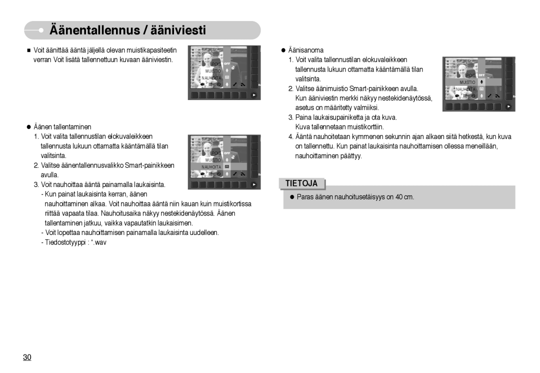 Samsung EC-NV10ZBBD/E2, EC-NV10ZBBL/E1, EC-NV10ZBBC/E2 manual Valitsinta Valitse äänimuistio Smart-painikkeen avulla 