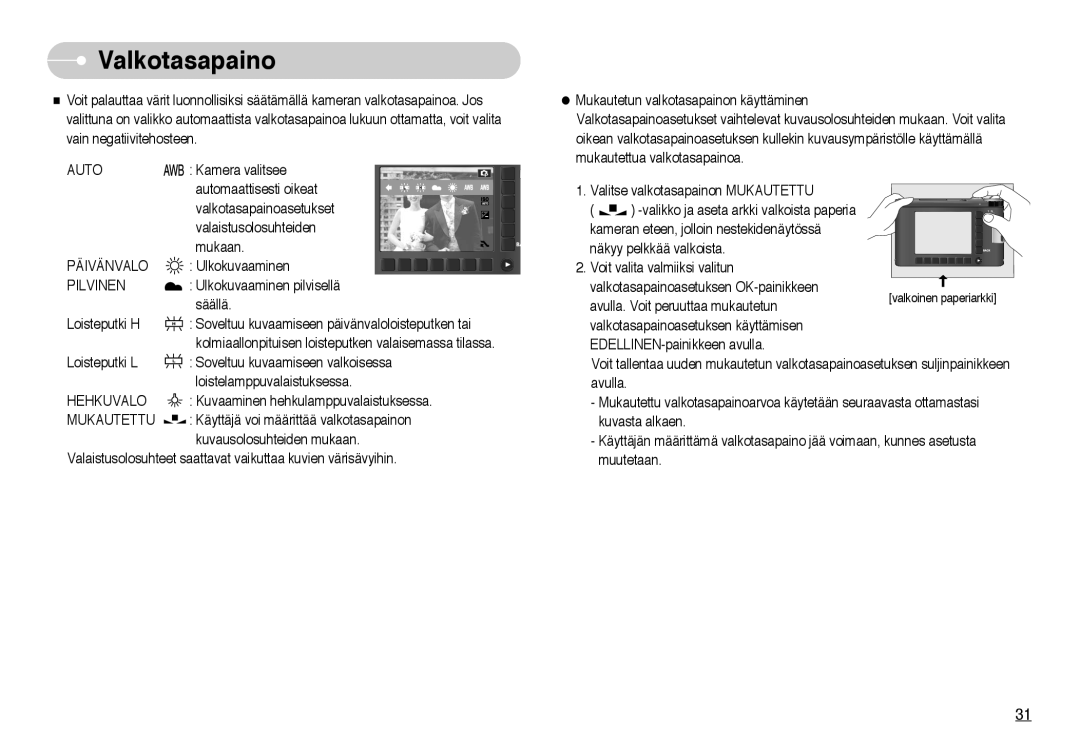 Samsung EC-NV10ZBBF/E2, EC-NV10ZBBL/E1, EC-NV10ZBBC/E2 manual Valkotasapaino, Päivänvalo, Pilvinen, Hehkuvalo, Mukautettu 