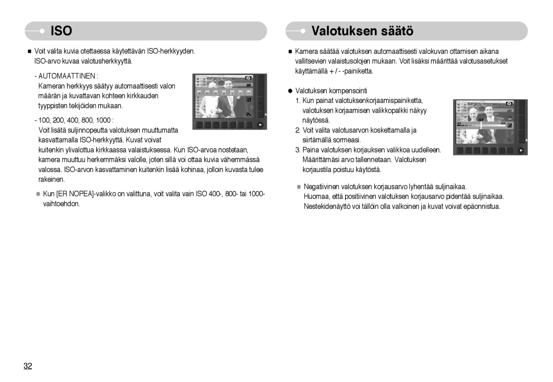 Samsung EC-NV10ZBBA/FI, EC-NV10ZBBL/E1, EC-NV10ZBBC/E2, EC-NV10ZBBB/E2, EC-NV10ZBBD/E2 manual Valotuksen säätö, Automaattinen 