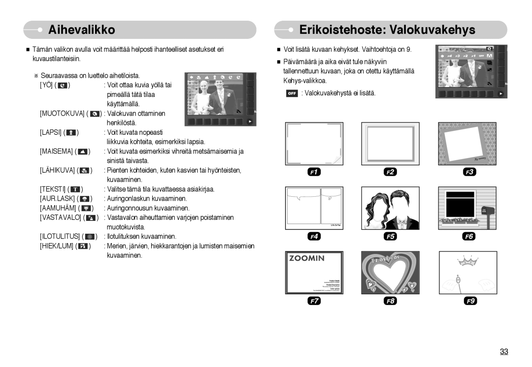 Samsung EC-NV10ZBBG/E2, EC-NV10ZBBL/E1, EC-NV10ZBBC/E2, EC-NV10ZBBB/E2 manual Aihevalikko, Erikoistehoste Valokuvakehys 