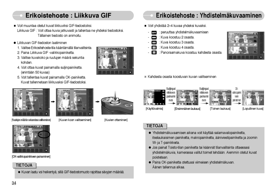 Samsung EC-NV10ZBBL/E1, EC-NV10ZBBC/E2, EC-NV10ZBBB/E2 Erikoistehoste Liikkuva GIF, Erikoistehoste Yhdistelmäkuvaaminen 