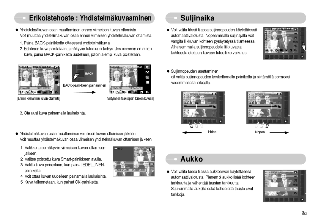 Samsung EC-NV10ZBBC/E2, EC-NV10ZBBL/E1, EC-NV10ZBBB/E2, EC-NV10ZBBD/E2, EC-NV10ZBBF/E2, EC-NV10ZBBA/FI manual Suljinaika, Aukko 