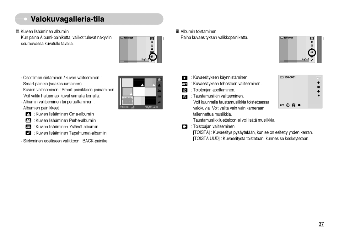 Samsung EC-NV10ZBBD/E2, EC-NV10ZBBL/E1, EC-NV10ZBBC/E2 manual Albumin toistaminen Paina kuvaesityksen valikkopainiketta 