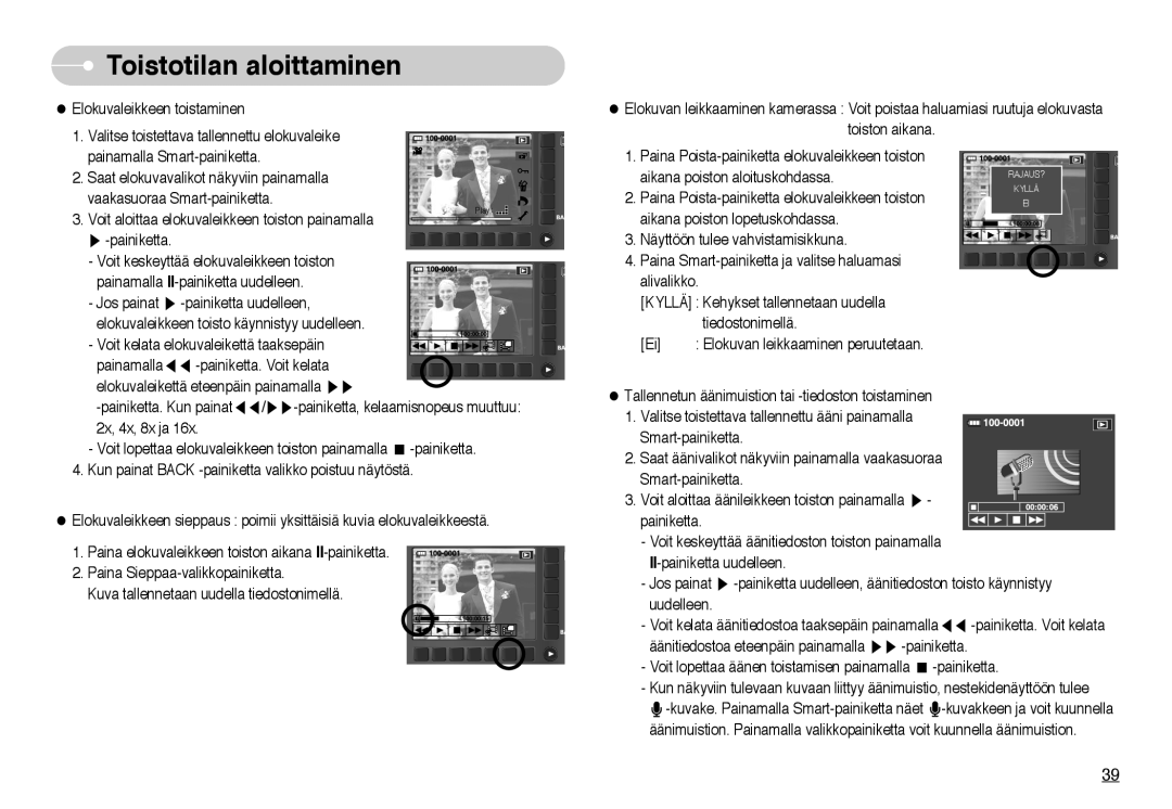 Samsung EC-NV10ZBBA/FI, EC-NV10ZBBL/E1, EC-NV10ZBBC/E2, EC-NV10ZBBB/E2 manual Valitse toistettava tallennettu elokuvaleike 