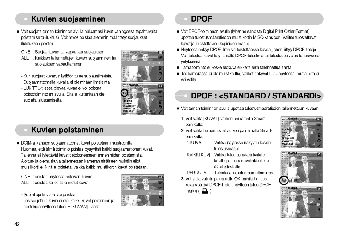 Samsung EC-NV10ZBBC/E2, EC-NV10ZBBL/E1, EC-NV10ZBBB/E2 manual Kuvien suojaaminen, Kuvien poistaminen, One, All, Peruuta 