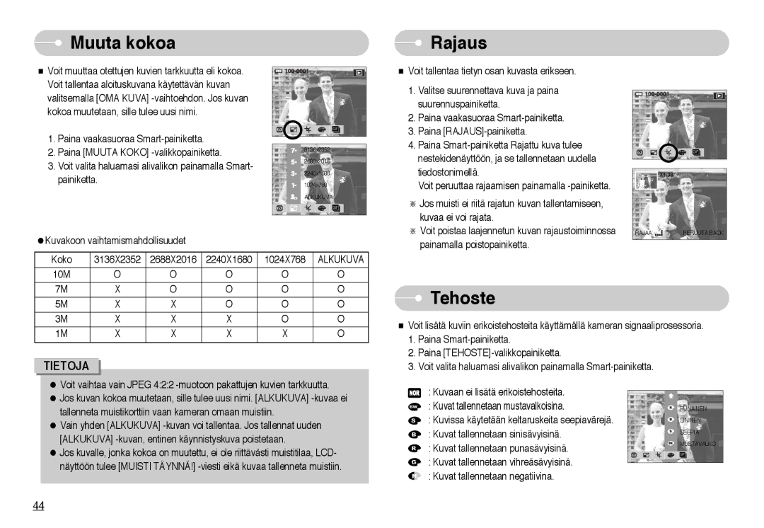 Samsung EC-NV10ZBBD/E2, EC-NV10ZBBL/E1, EC-NV10ZBBC/E2, EC-NV10ZBBB/E2, EC-NV10ZBBF/E2 manual Muuta kokoa Rajaus, Alkukuva 