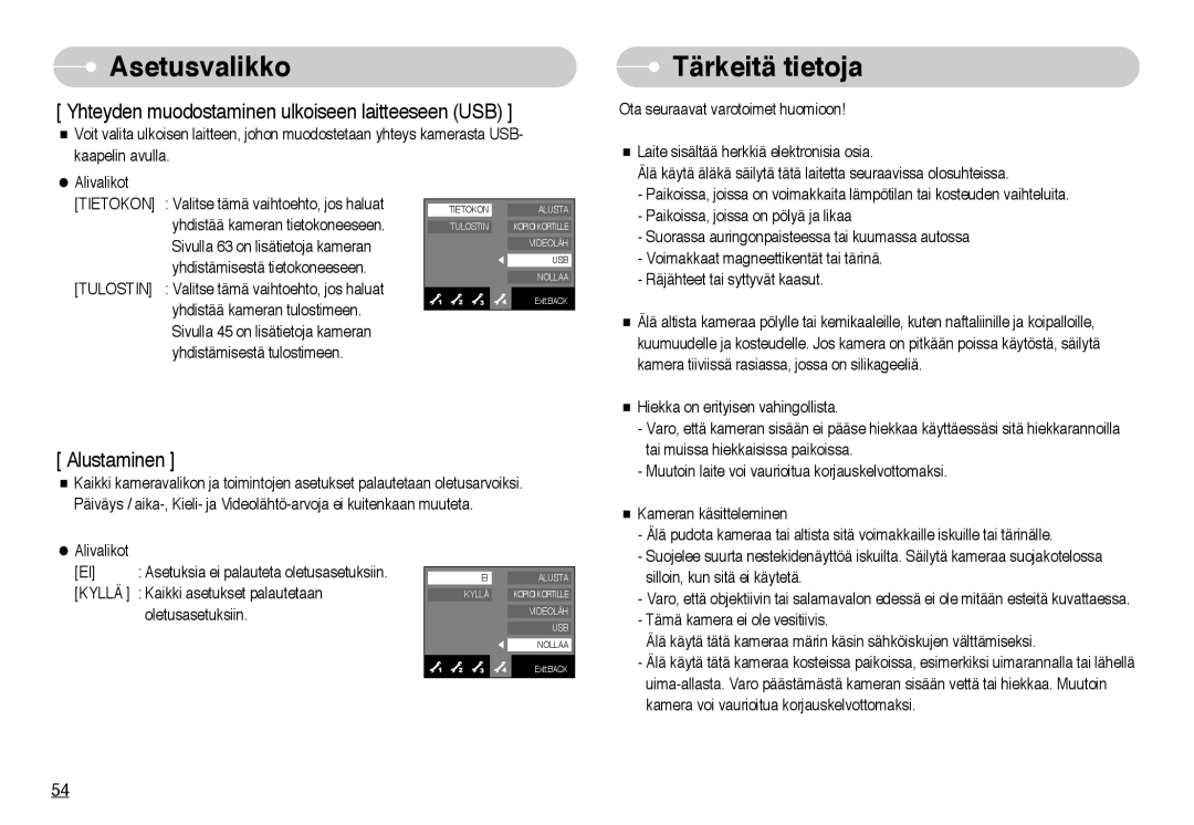 Samsung EC-NV10ZBBG/E2, EC-NV10ZBBL/E1, EC-NV10ZBBC/E2, EC-NV10ZBBB/E2, EC-NV10ZBBD/E2 manual Tärkeitä tietoja, Alustaminen 