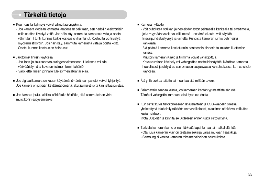 Samsung EC-NV10ZBBL/E1, EC-NV10ZBBC/E2, EC-NV10ZBBB/E2, EC-NV10ZBBD/E2, EC-NV10ZBBF/E2, EC-NV10ZBBA/FI manual Tärkeitä tietoja 