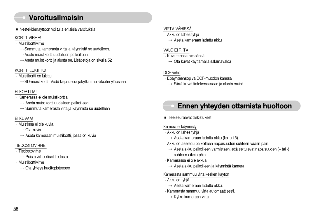 Samsung EC-NV10ZBBC/E2, EC-NV10ZBBL/E1, EC-NV10ZBBB/E2, EC-NV10ZBBD/E2 Varoitusilmaisin, Ennen yhteyden ottamista huoltoon 