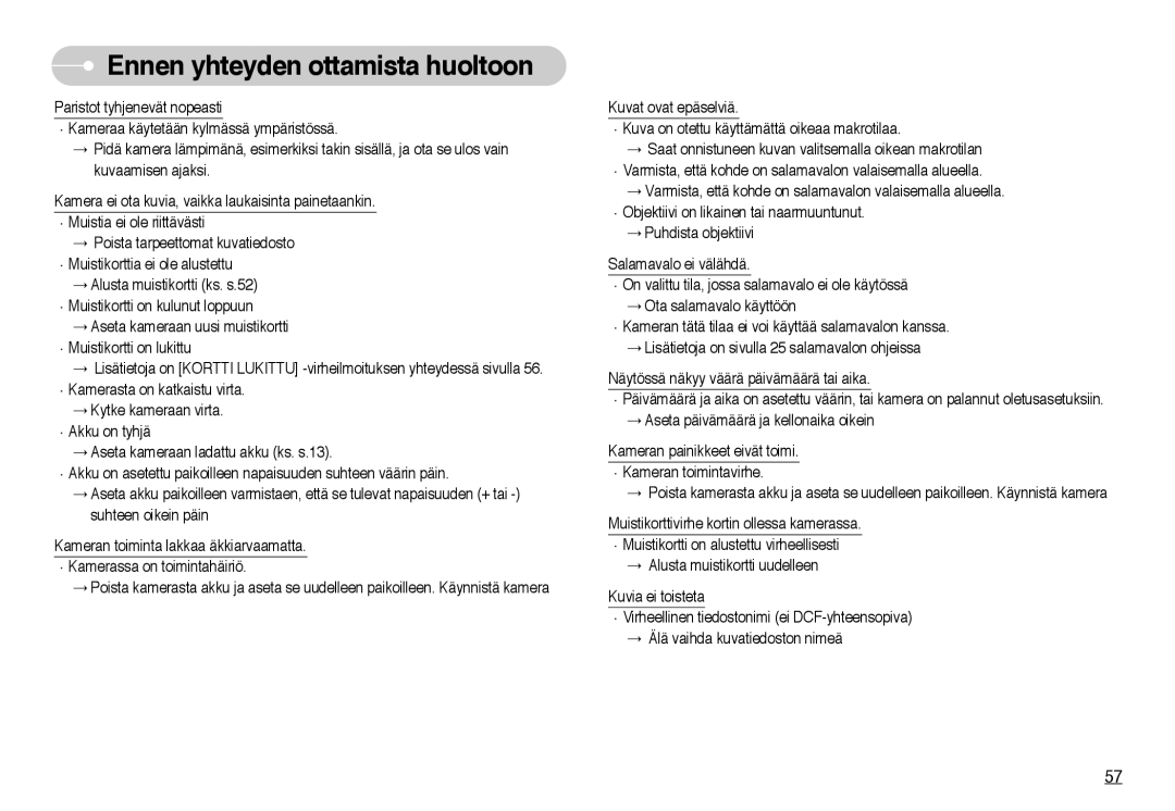 Samsung EC-NV10ZBBB/E2, EC-NV10ZBBL/E1, EC-NV10ZBBC/E2, EC-NV10ZBBD/E2, EC-NV10ZBBF/E2 manual Ennen yhteyden ottamista huoltoon 