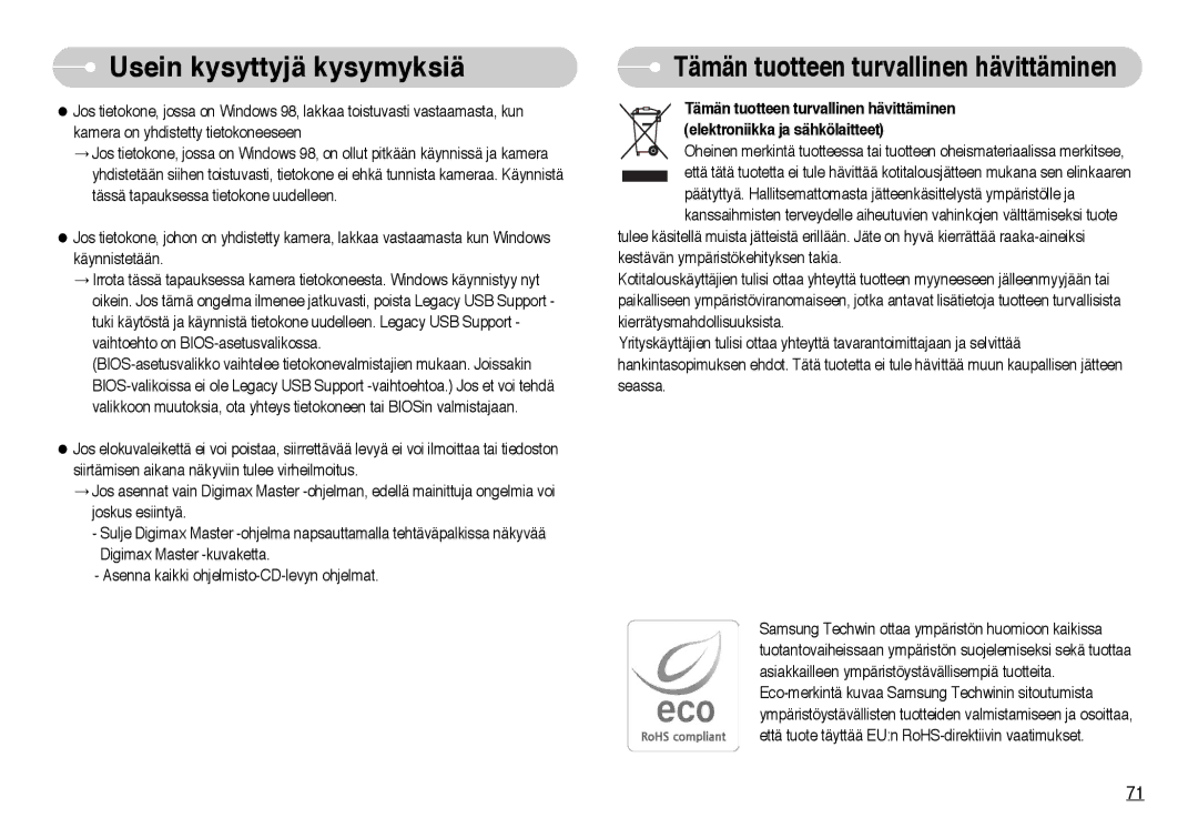 Samsung EC-NV10ZBBB/E2, EC-NV10ZBBL/E1, EC-NV10ZBBC/E2, EC-NV10ZBBD/E2 manual Tämän tuotteen turvallinen hävittäminen 