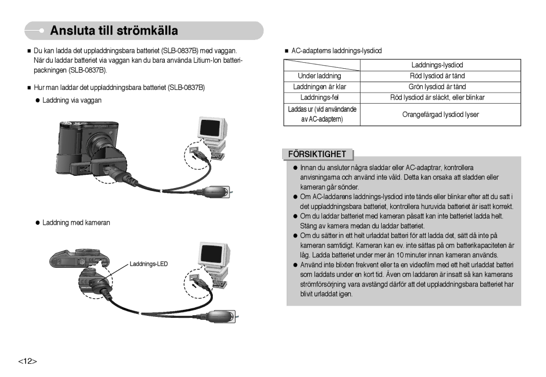 Samsung EC-NV10ZBBG/E2, EC-NV10ZBBL/E1, EC-NV10ZBBC/E2, EC-NV10ZBBB/E2, EC-NV10ZBBD/E2 manual Orangefärgad lysdiod lyser 