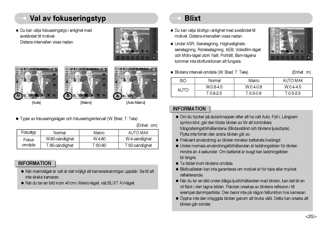 Samsung EC-NV10ZBBA/FI, EC-NV10ZBBL/E1, EC-NV10ZBBC/E2, EC-NV10ZBBB/E2, EC-NV10ZBBD/E2 Val av fokuseringstyp, Blixt, Auto MAK 