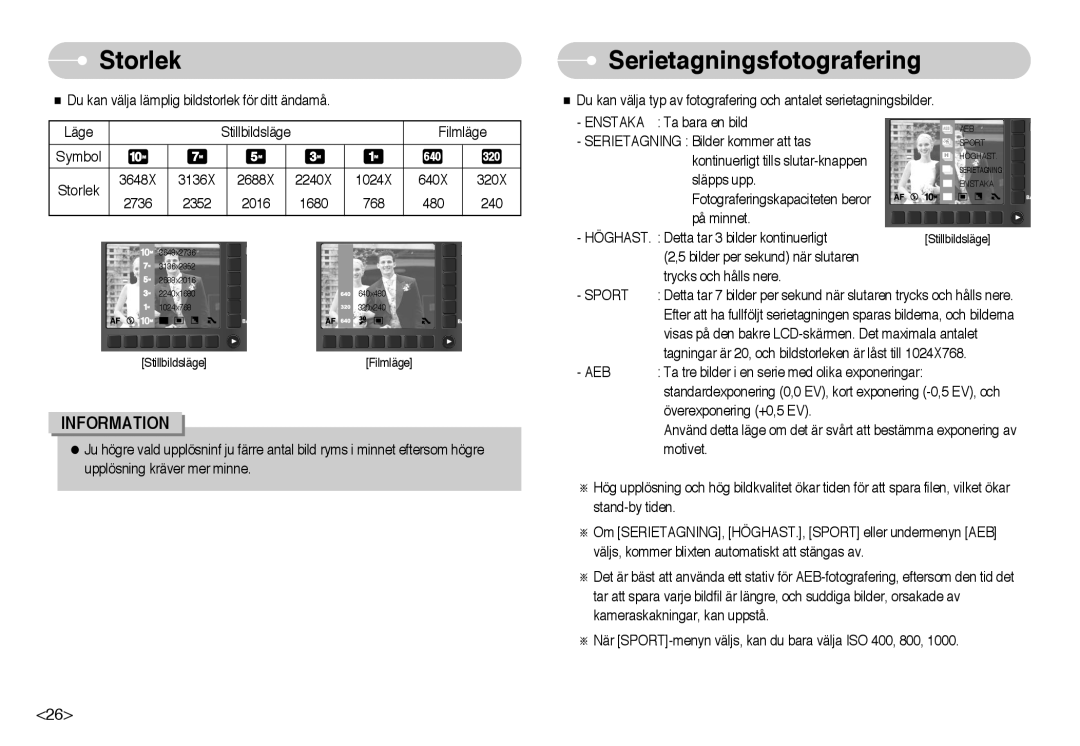 Samsung EC-NV10ZBBG/E2, EC-NV10ZBBL/E1, EC-NV10ZBBC/E2, EC-NV10ZBBB/E2 manual Storlek, Serietagningsfotografering, Sport 