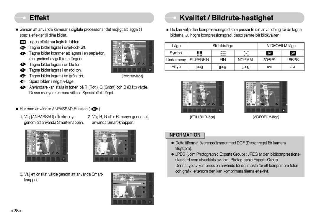 Samsung EC-NV10ZBBC/E2, EC-NV10ZBBL/E1 manual Effekt, Kvalitet / Bildrute-hastighet, Superfin FIN Normal 30BPS 15BPS 