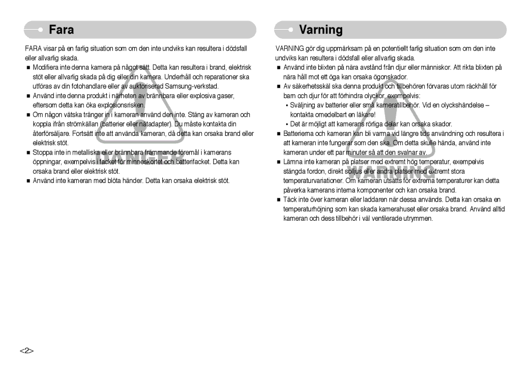 Samsung EC-NV10ZBBD/E2, EC-NV10ZBBL/E1, EC-NV10ZBBC/E2, EC-NV10ZBBB/E2, EC-NV10ZBBF/E2, EC-NV10ZBBA/FI manual Fara, Varning 