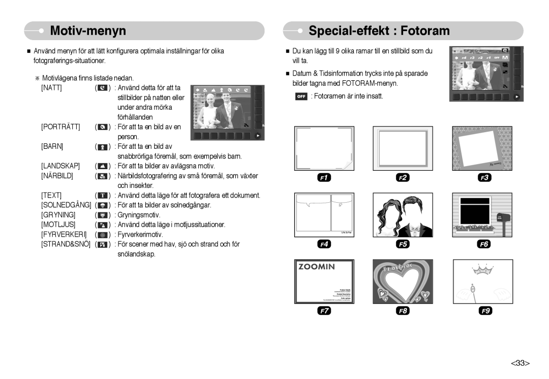 Samsung EC-NV10ZBBG/E2, EC-NV10ZBBL/E1, EC-NV10ZBBC/E2, EC-NV10ZBBB/E2, EC-NV10ZBBD/E2 Motiv-menyn, Special-effekt Fotoram 