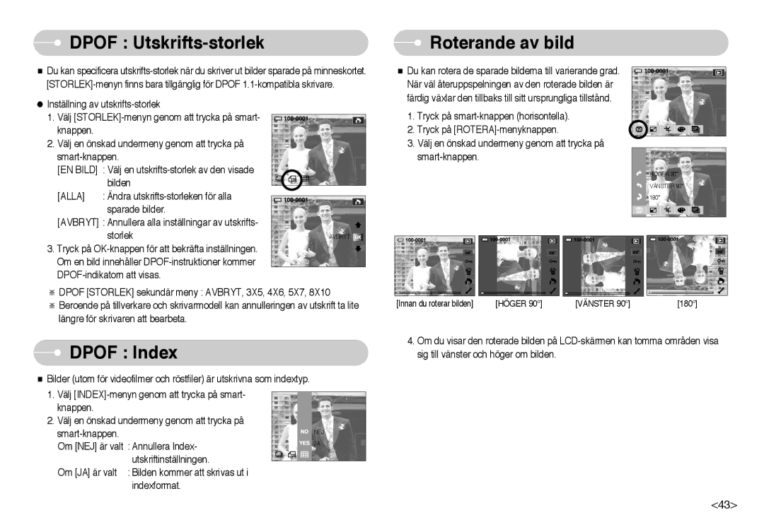 Samsung EC-NV10ZBBB/E2, EC-NV10ZBBL/E1, EC-NV10ZBBC/E2 manual Dpof Utskrifts-storlek, Dpof Index, Roterande av bild, Alla 