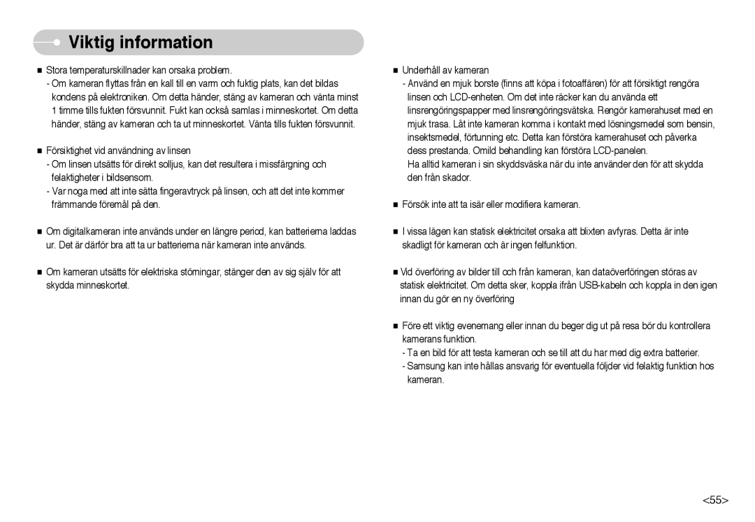 Samsung EC-NV10ZBBL/E1, EC-NV10ZBBC/E2, EC-NV10ZBBB/E2, EC-NV10ZBBD/E2, EC-NV10ZBBF/E2, EC-NV10ZBBA/FI manual Viktig information 