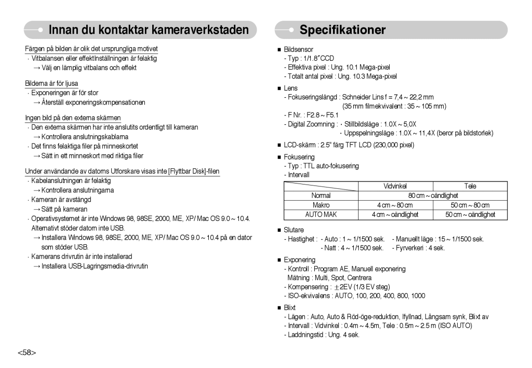 Samsung EC-NV10ZBBD/E2, EC-NV10ZBBL/E1, EC-NV10ZBBC/E2, EC-NV10ZBBB/E2, EC-NV10ZBBF/E2 manual Specifikationer, Auto MAK 