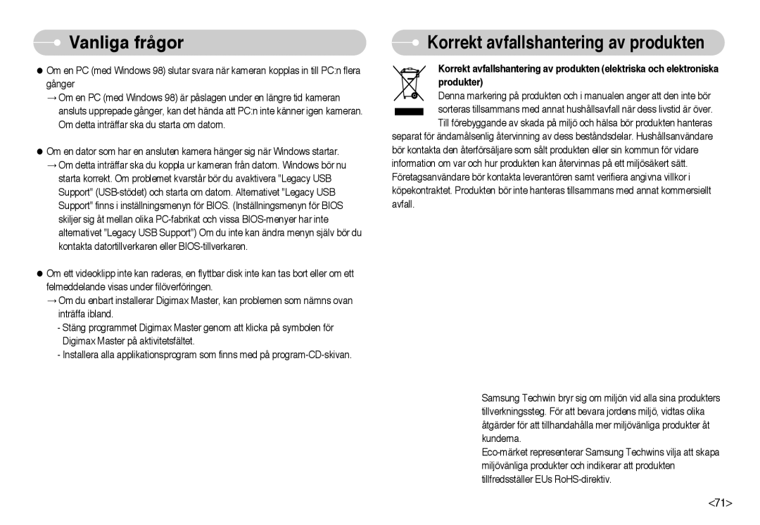 Samsung EC-NV10ZBBB/E2, EC-NV10ZBBL/E1, EC-NV10ZBBC/E2, EC-NV10ZBBD/E2, EC-NV10ZBBF/E2 Korrekt avfallshantering av produkten 