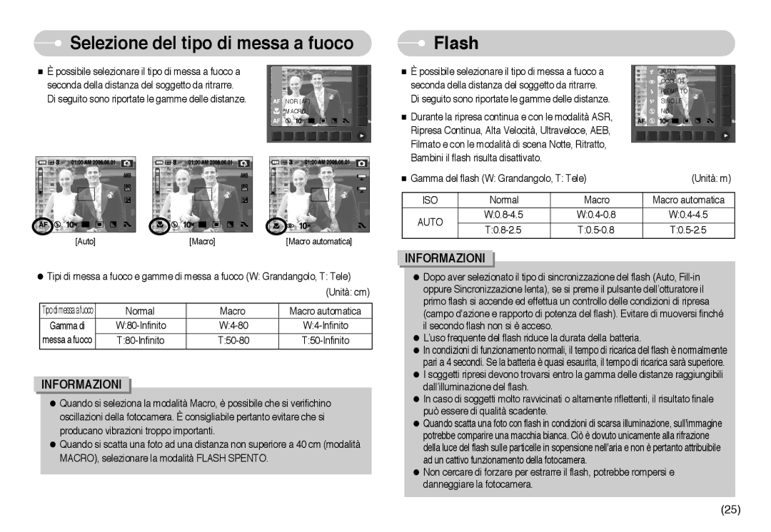 Samsung EC-NV10ZBBC/E2, EC-NV10ZBBL/E1, EC-NV10ZBBD/E1, EC-NV10ZBBB/IT manual Selezione del tipo di messa a fuoco, Flash 