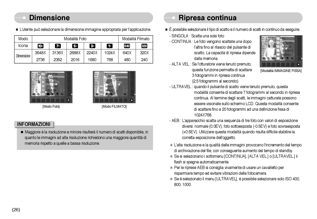 Samsung EC-NV10ZBBB/IT, EC-NV10ZBBL/E1, EC-NV10ZBBD/E1, EC-NV10ZBBC/E2, EC-NV10ZBBC/IT manual Dimensione, Ripresa continua 