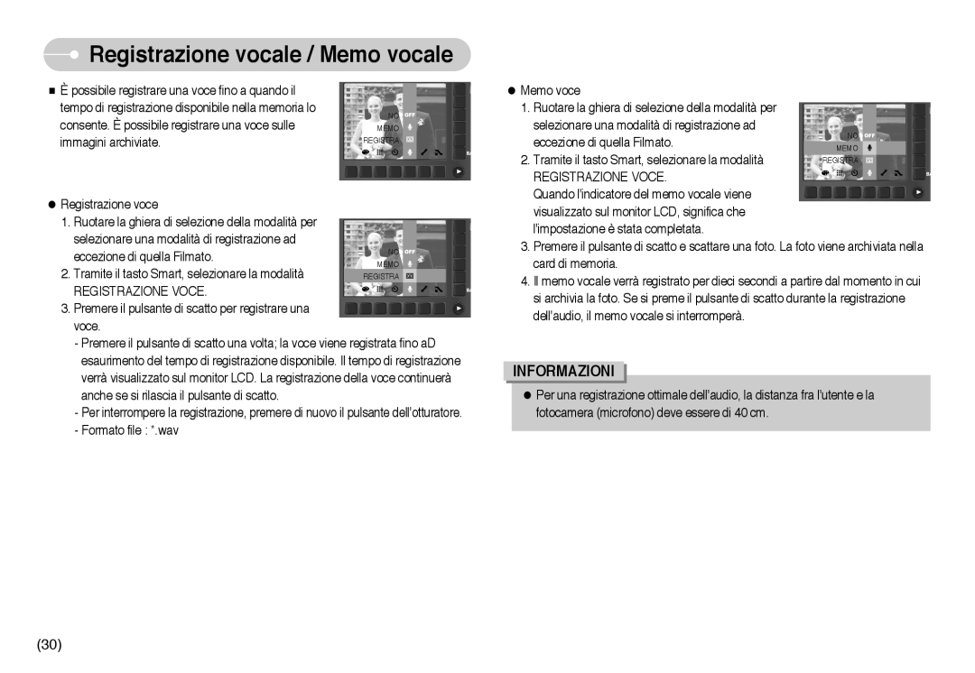 Samsung EC-NV10ZBBD/E1, EC-NV10ZBBL/E1, EC-NV10ZBBC/E2 manual Registrazione vocale / Memo vocale, Registrazione Voce 